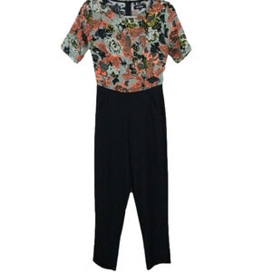 MISSGUIDED Black Multicolor Floral Round Neckline Short Sleeve Jumpsuit Pant